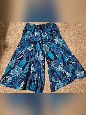 Wide-Leg Tropical Print Pull-On Pants - Blue